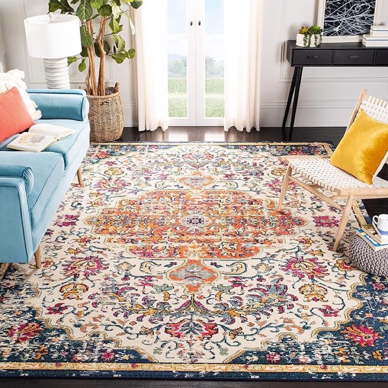 SAFAVIEH Area Rug 8x10 - Madison Collection - Large - Ivory & Orange, Boho Chic Medallion Distressed Design, Non-Shedding & Easy Cleaning, Ideal for Living Room, Bedroom, Dining Space (MAD447A)