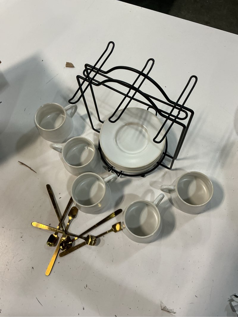 Condition photo showing As Is for lareina 3-ounce porcelain espresso cups set of 6, stackable coffee cups with saucers, spoons and metal stand, ceramic demitasse mugs, espresso accessories for machine, white