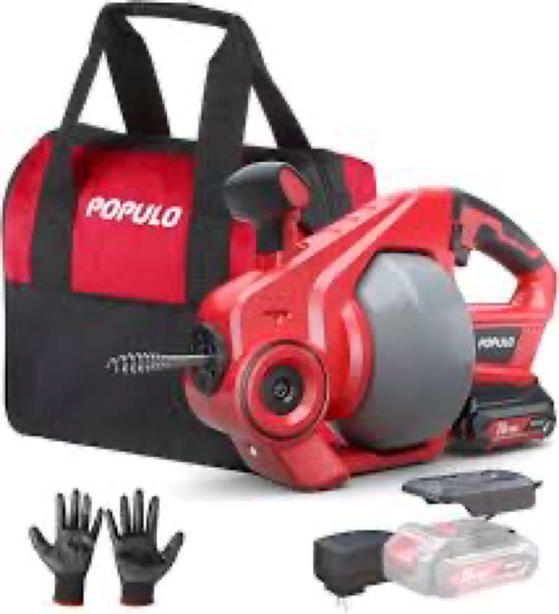 populo 20v cordless electric drain auger-efficient 25ft auto-feed drain snake with replaceable cable