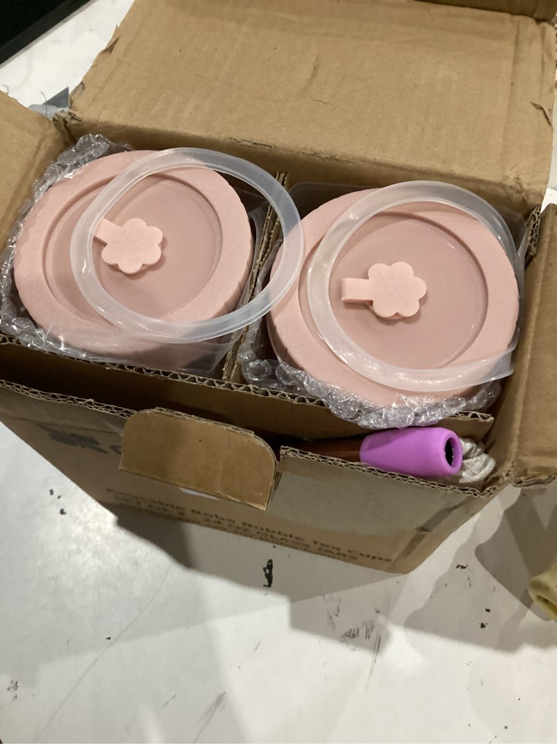 Condition photo showing As Is for reusable glass mason jars cups with lids and straws silicone sleeves, 2 pack 24oz wide mouth smoothie cups glass bubble tea cup, leakproof drinking glasses water bottle travel tumbler for large pearl dark purple