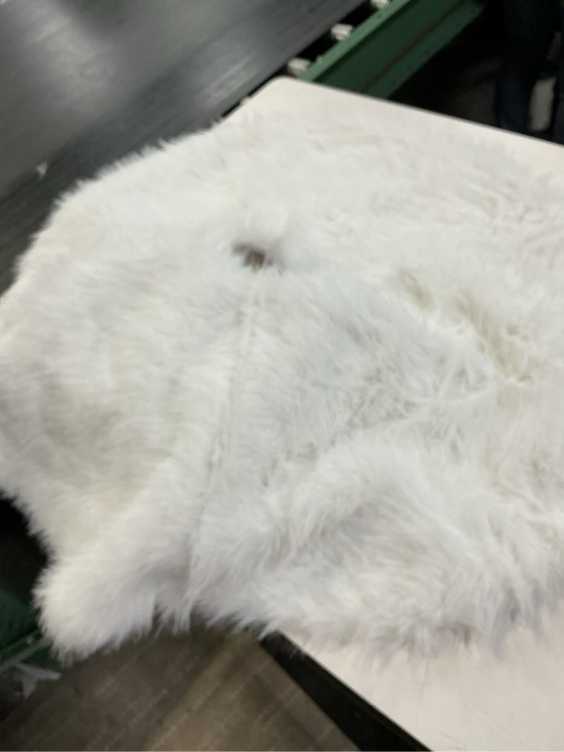 Condition photo showing As Is for White Fur Christmas Tree Skirt, 30 inch Small Furry Snow White Christmas Decorations for Pencil Slim 4 Ft Tree, Soft Fluffy Faux Fur Tree Rug for Winter Holiday Decor