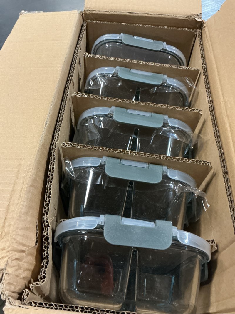 Condition photo showing Good Condition for komuee glass meal prep containers 3 compartments, 5 pack 36 oz, glass food storage containers with lids, airtight lunch bento box, portion control, freezer and microwave safe gray