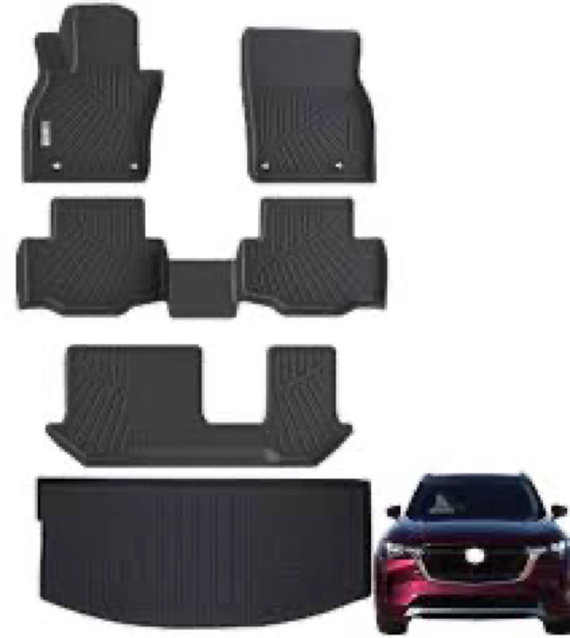 NQOQN All Weather Floor Mats for 2024 2025 Mazda CX90 8 Seater with 2nd Row Bench Seat Trunk Mat wit