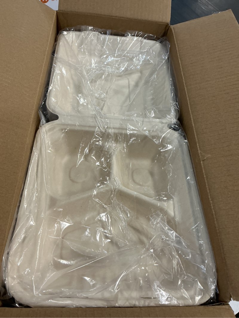 Condition photo showing Good Condition for aricsen 100 pack 3 compartment compostable 8x9 inch takeout lunch box containers with lid to go take out clamshell for food, disposable eco-friendly biodegradable bagasse, pfas-free, brown 100 8x9 inch