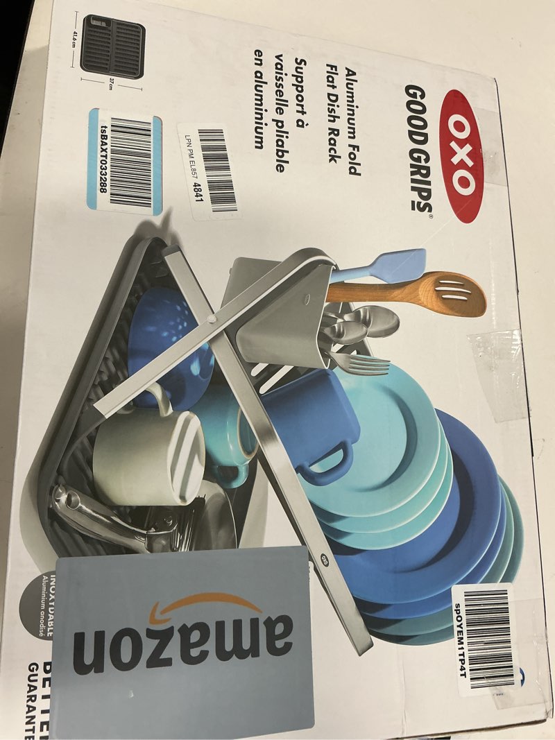 OXO Good Grips Aluminum Fold Flat Dish Drying Rack, 2-Tier, with Drainboard