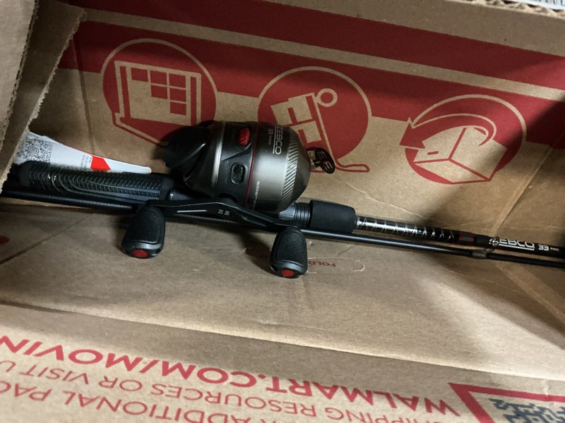Condition photo showing As Is for zebco 33 rhino tough spincast reel and 2-piece fishing rod combo, durable e-glass rod with comfortgrip handle, quickset anti-reverse fishing reel with bite alert 33 rhino - 6 foot