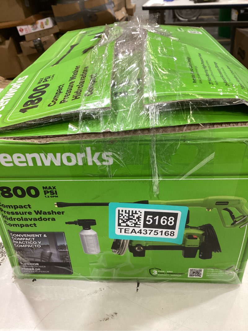 Condition photo showing As Is for greenworks 1800-psi 1.2-gpm cold water electric pressure washer with 2 spray tips