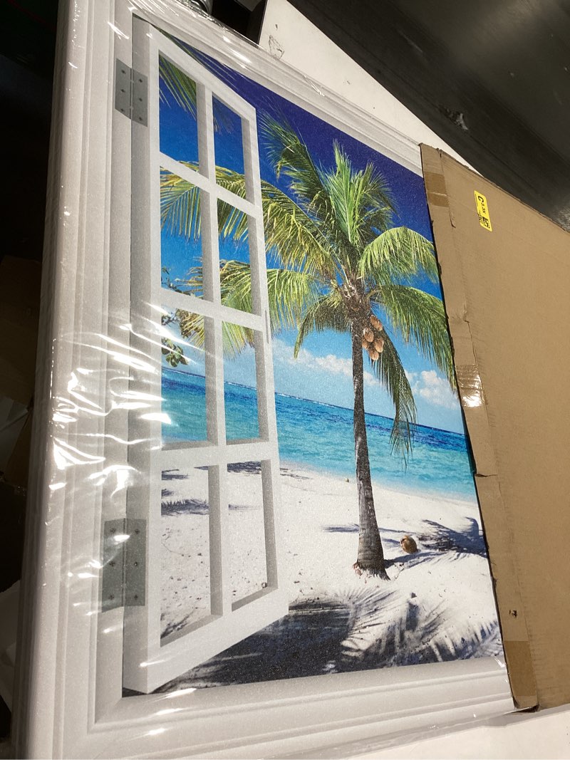 Condition photo showing Good Condition for Beach Pictures Wall Art Decor for Living Room Blue Ocean Painting for Bedroom White Window Frame Style Palm Trees Canvas Wall Blue Coastal Landscape Artwork for Bathroom Home Office Decorations, Ready to Hang (24*36, Beach Palm Trees Wall Art) Beach Palm Trees Wall Art 36"L x 24"W