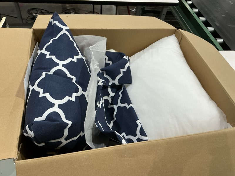 Condition photo showing Good Condition for jmgbird water-resistant outdoor pillows set of 2, 18x18 inch durable navy blue grid pattern throw pillows with inserts for patio furniture blue-black