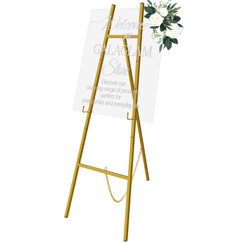 GALAGLAM Easel Stand for Signs, 57" Gold Easel Adjustable 4 Tier Floor with Chain Support, Metal Eas