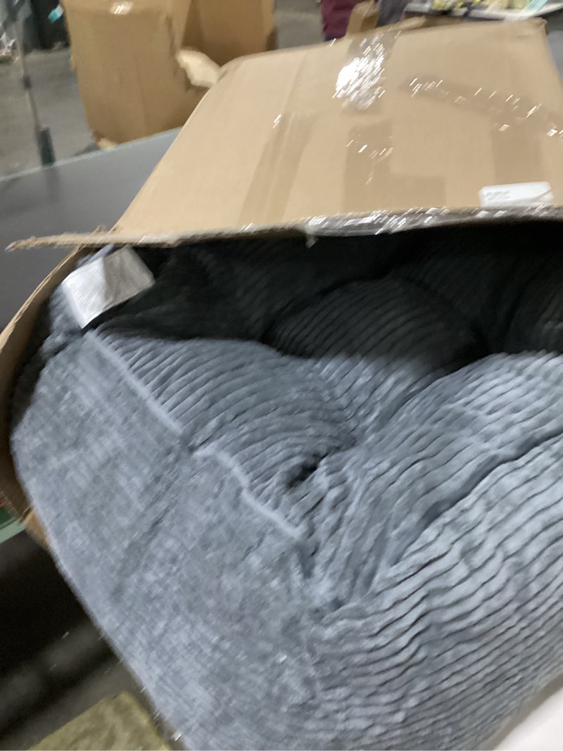 Condition photo showing As Is for HIGOGOGO Square Stuffed Pouf Ottoman, Corduroy Poufs with Foam Chunk Filling, Furry and Fluffy Pouf Foot Stool Storage Ottoman, 21 X 21 Floor Poufs Foot Rest for Living Room, Dark Grey 21.6 Inch Dark Grey