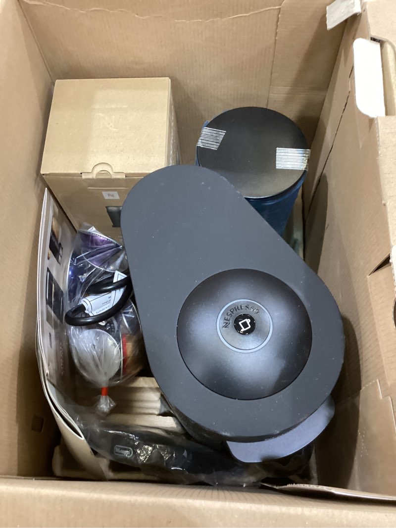 Condition photo showing As Is for nespresso vertuo plus deluxe coffee and espresso maker by de'longhi, matte black with aeroccino milk frother machine + frother black matte