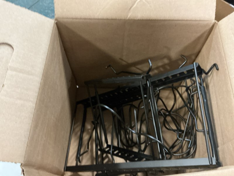 Condition photo showing As Is for Pot and Pan Organizer Rack for Cabinet, Expandable Pot Lid Organizer Holder with 12 Adjustable Compartment for Kitchen Cutting Board, Pan Lid, Cabinet Cookware Baking 12 Brackets-Black