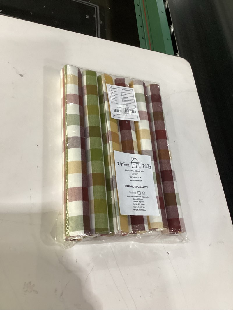 Condition photo showing New/Like New for Urban Villa HarvestPlacemats for Dining Set of 6 Over Sized 14''x 20'' Buffalo Check Plaid 100% Cotton Thanks Giving Placemats FallPlacemats Everyday Use Heavier Quality Harvest Checks 14" x 20"