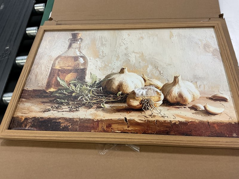 Condition photo showing Good Condition for framed vintage kitchen canvas wall art, rustic garlic and herbs pictures wall decor, neutral still life paintings prints aesthetic home decor for farmhouse dining room living room 16x24 inch garlic 24"l x 16"w