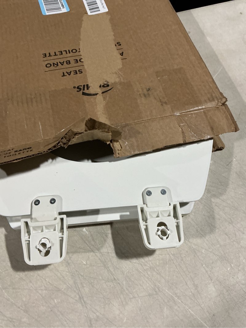 Condition photo showing As Is for Bemis 550TTT Open Front Durable Wood Toilet Seat, Secure Hinges Stay Tight, Made in USA, Round, White