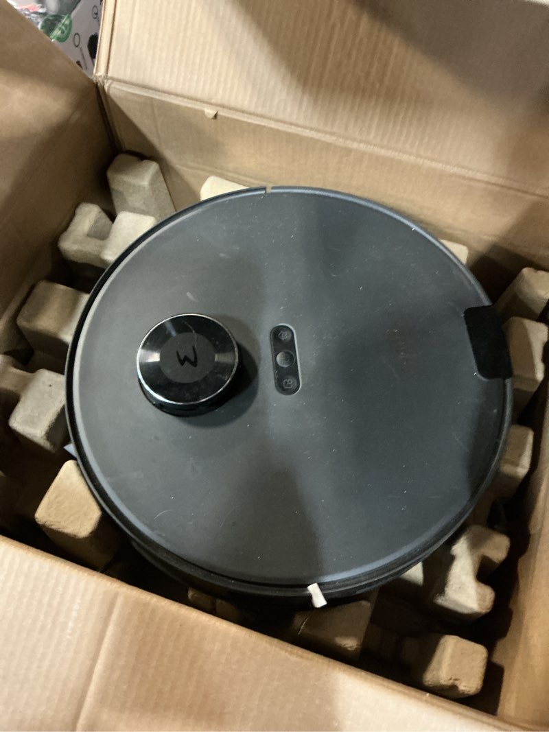 Condition photo showing As Is for eureka e20 robot vacuum with bagless self emptying station, robotic vacuum and mop combo, 45-day capacity, upgraded 8000pa suction and anti hair-tangling brush, lidar navigation, app control black e20