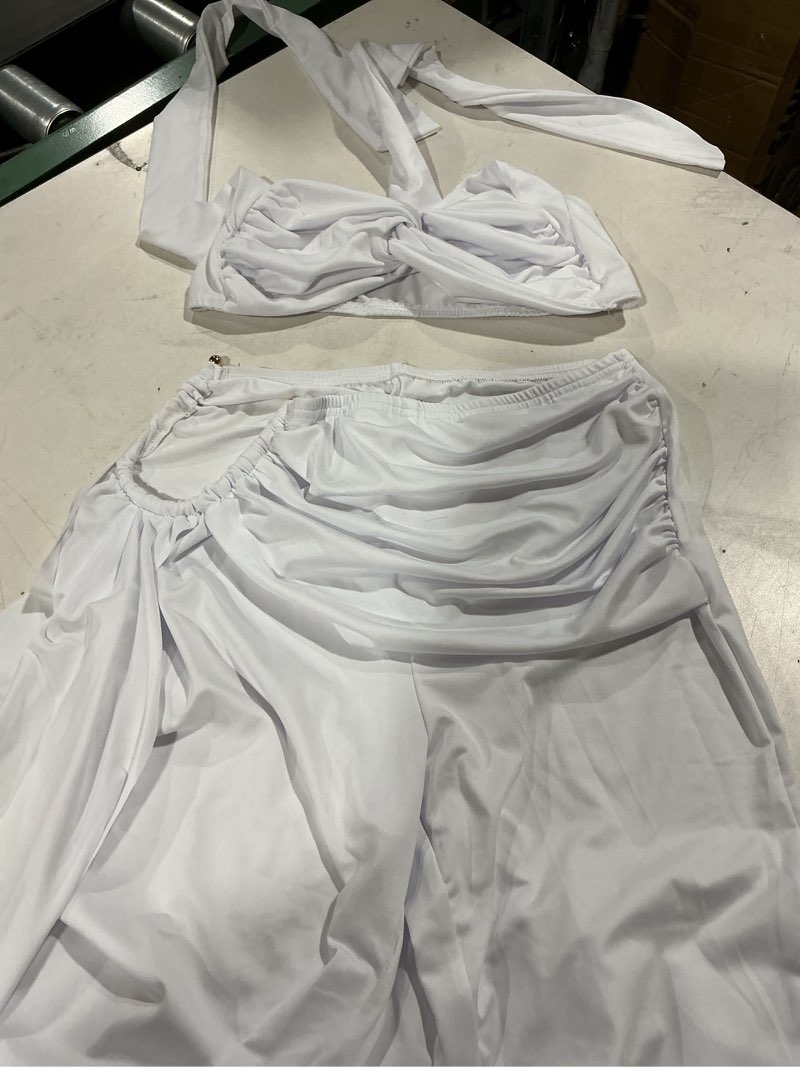 Condition photo showing Good Condition for women's two piece outfits halter bandage crop top and high waist flare pants set club party going out outfits white small