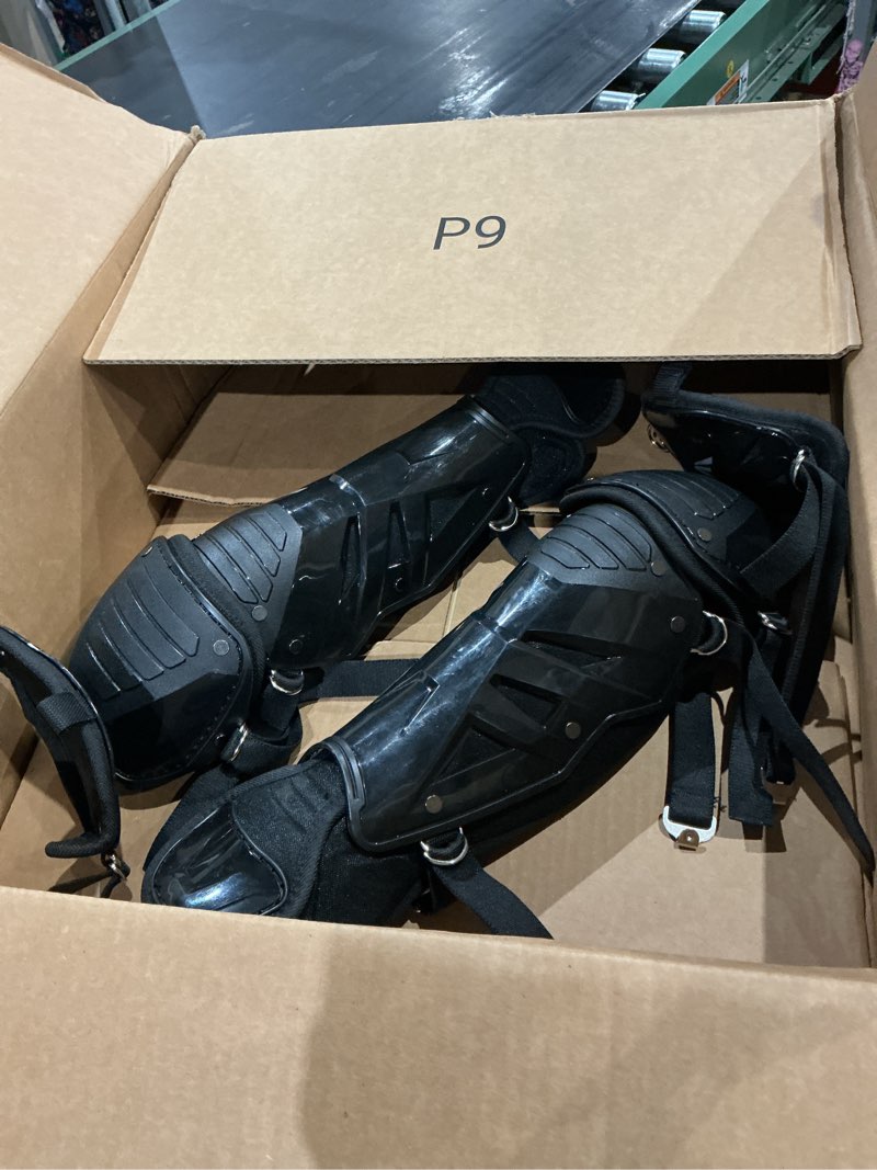 Condition photo showing As Is for (used)easton | phenom series catcher’s leg guards | nocsae certified | adult, intermediate, youth sizes | multiple colors black youth