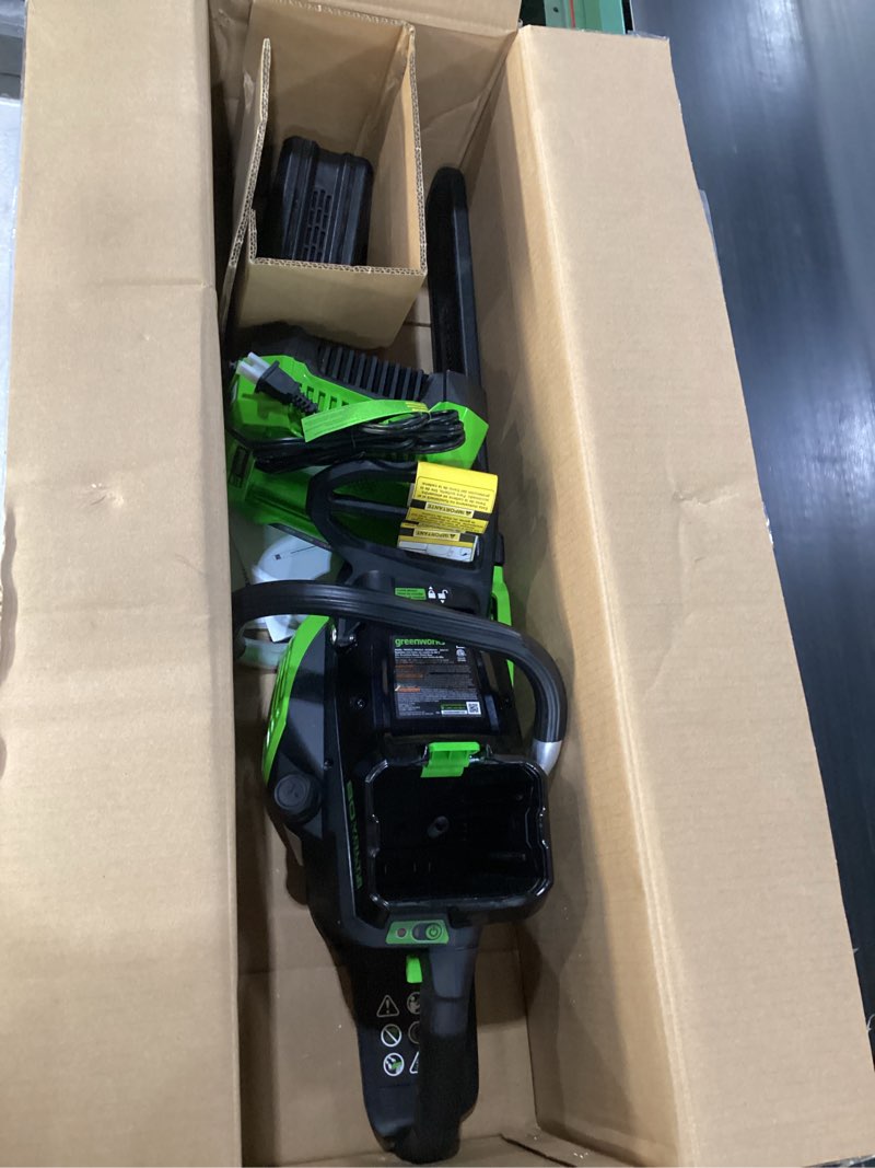 Condition photo showing New/Like New for (Tested)Greenworks 80V 18\" Brushless Cordless Chainsaw (Great For Tree Felling, Limbing, Pruning, and Firewood) / 75+ Compatible Tools), 2.0Ah Battery and Rapid Charger Included 18\" (2.0Ah) 1.8KW Motor