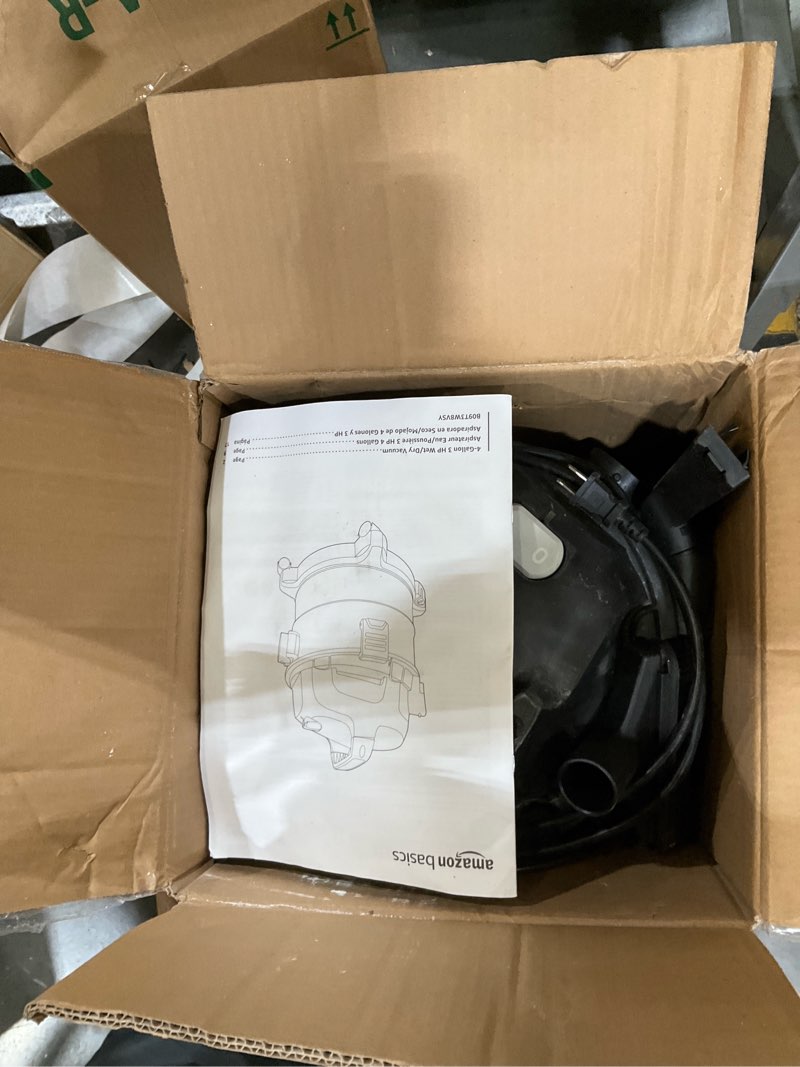 Condition photo showing As Is for Amazon Basics Wet Dry Vacuum Cleaner, 4 gallon Shop, 3 HP Stainless Steel, Grey/Black