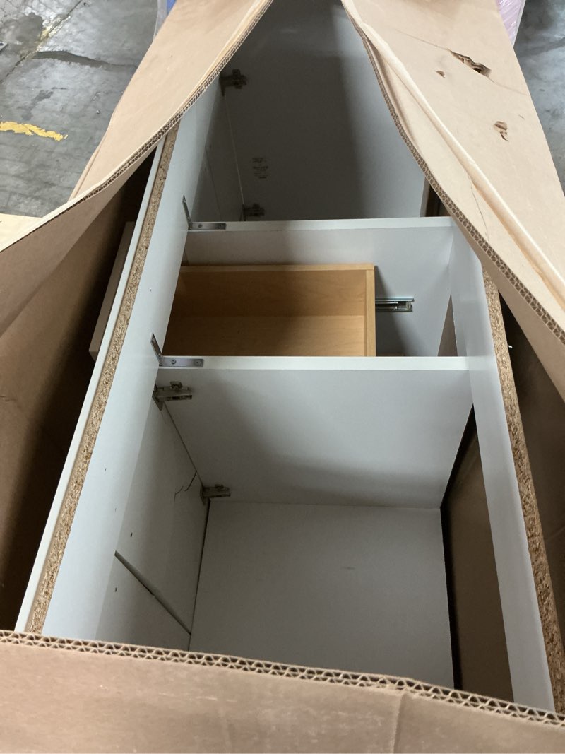 Condition photo showing As Is for project source 60-in white bathroom vanity base cabinet without top