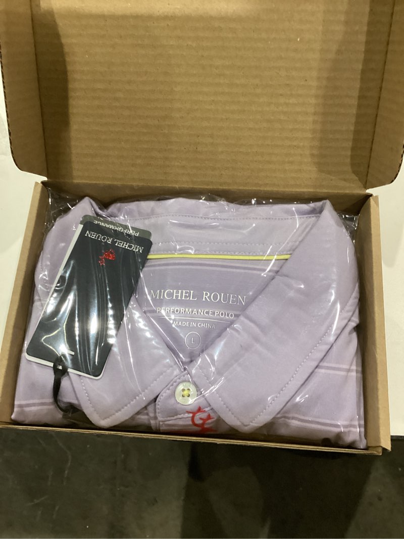 Condition photo showing As Is for Rouen Polo Shirts for Men Dry Fit Performance Heather Stripe Golf Polo Moisture Wicking Lightweight Breathable Golf Shirts Lavender Stripe Medium