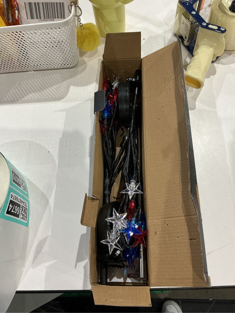 Condition photo showing As Is for 4th of july solar star tree lights decorations outdoor, waterproof red white and blue lights for fourth of july decor, patriotic decorations for garden yard pathway patio (2)