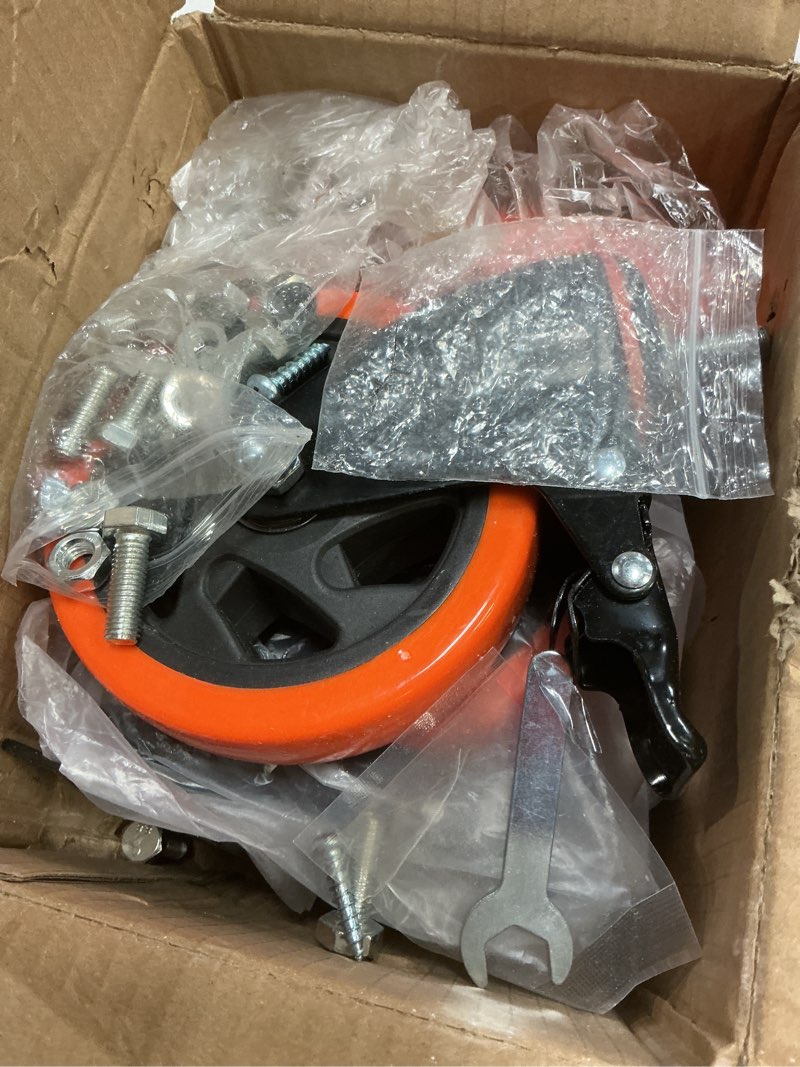 Condition photo showing Good Condition for MSH&HCE 5-Inch Orange Heavy Duty Caster Wheels (Set of 4) - 2600Lbs Total Capacity, Polyurethane (PU) Wheels, Quiet Swivel Casters for Carts, Furniture & Workbenches (Two Hardware Included) 5" (Orange)