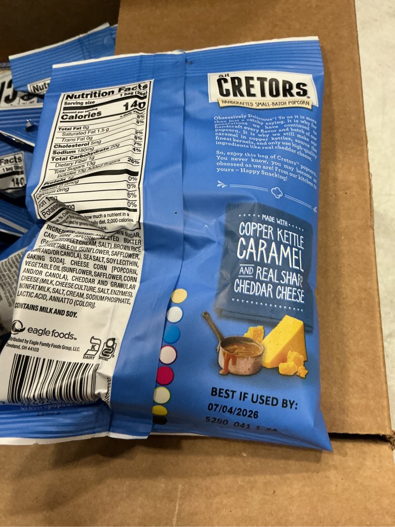 Condition photo showing New/Like New for ((b.b.y 07/04/26)) g.h. cretors cheese & caramel popcorn mix (1 oz bags – 40 pack) handcrafted small batch popcorn, gluten free, kosher, no artificial preservatives, convenient individual bags 40 pack 1 ounce (pack of 40)