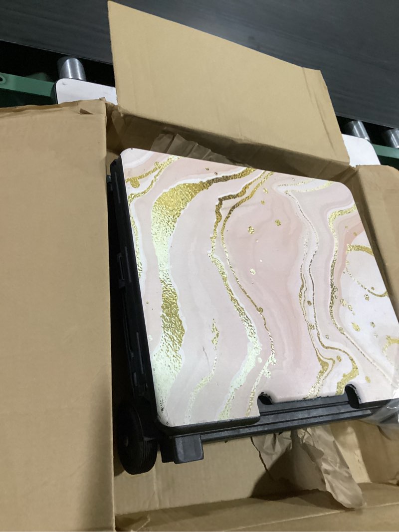 Condition photo showing As Is for inspired living collapsible ultra-slim pack-n-roll,2 wheel utility cart w/lid used as seat up to 250 lbs, telescopic handle, super strong, for home,garden,shopping,office,school, large, pink marble pink marble print large/ lid