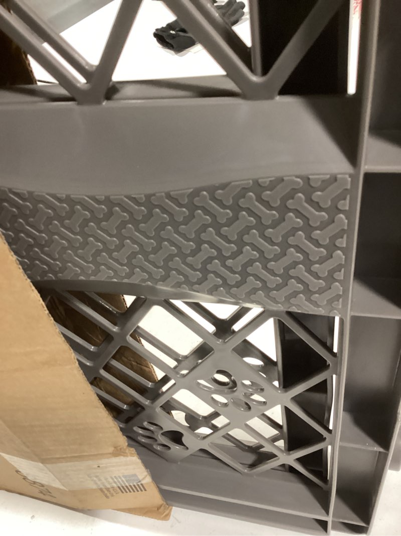 Condition photo showing As Is for mypet north states paws portable pet gate: 26-40" wide. pressure mount. no tools needed. made in usa, 23" tall, expandable, durable dog gates for doorways, fieldstone gray