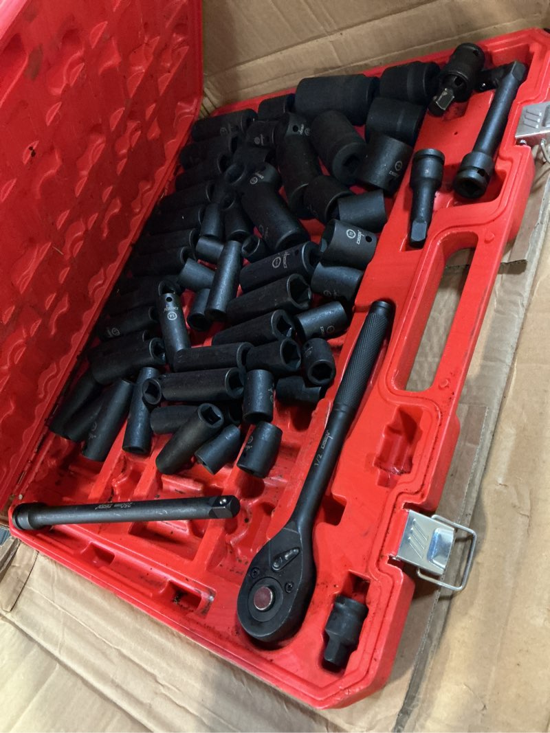 Condition photo showing As Is for disen 65 pieces 1/2" drive impact socket set, metric (10-24mm) & sae (3/8" to 1-1/4"), 6 point cr-v alloy steel for auto repair, include extension bars, adapter, rugged construction, storage case 1/2“ 65pcs sae&metric