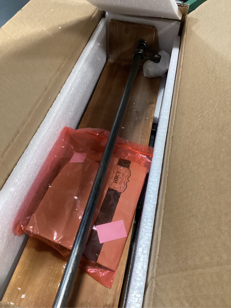 Condition photo showing Good Condition for HBCY Creations Wall Mounted Shelf with Coat Hooks and Baskets, Solid Wood Entryway Organizer Wall Shelf with Hooks - Hang Coats, Keys or Coffee Mugs, Rustic Brown 24" Wide Rustic Brown 24 Inch