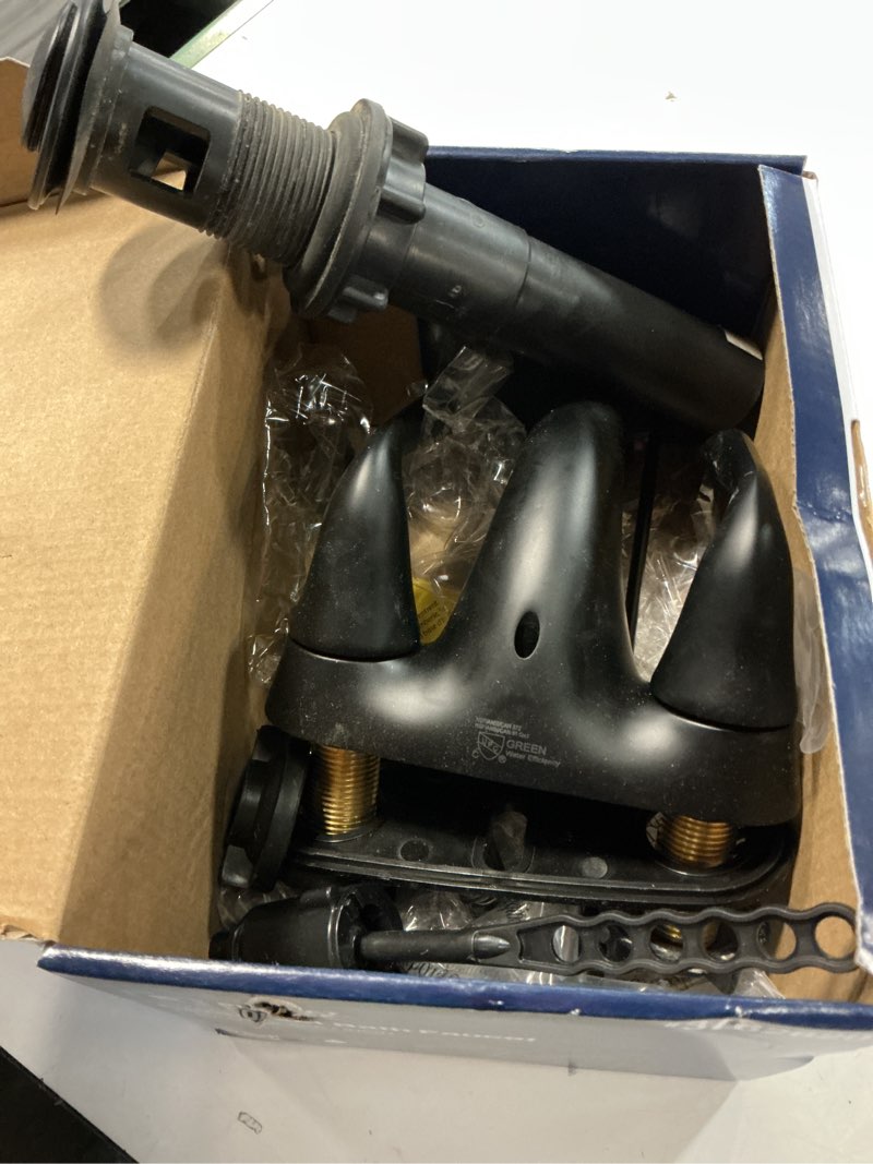 Condition photo showing Good Condition for Project Source Dover Matte Black 4-in centerset 2-handle WaterSense Mid-arc Residential Handle Bathroom Sink Faucet with Drain with Deck Plate It