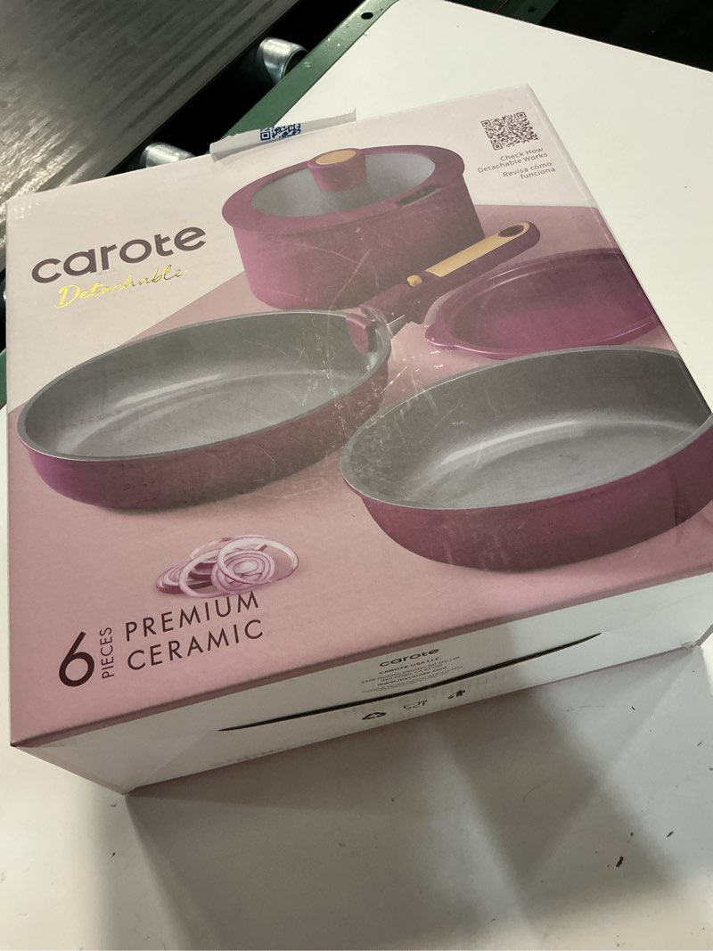 Condition photo showing New/Like New for carote nonstick detachable pots and pans set, 6 pieces non toxic cookware set with induction, oven/dishwasher safe, easy for storage, granite white