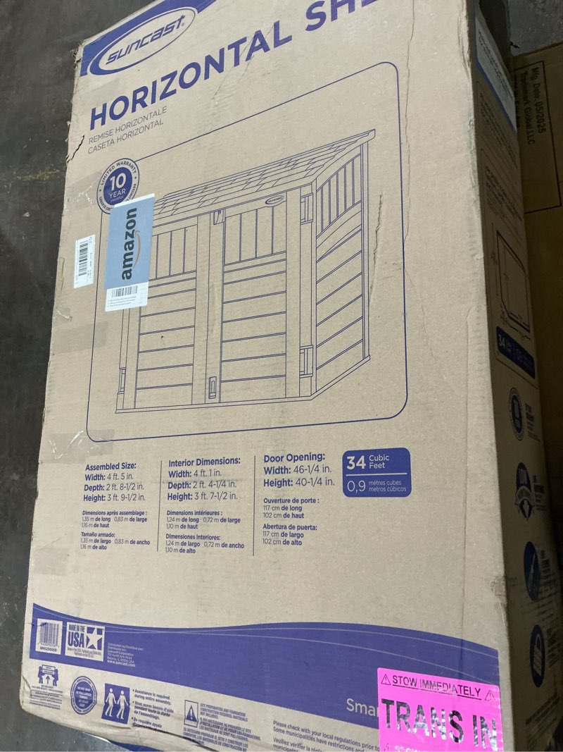 Condition photo showing Good Condition for Suncast Modernist Horizontal Low-Profile Storage Shed  Gray  3 Doors  4 x2.5   covers 34 Cubic feet