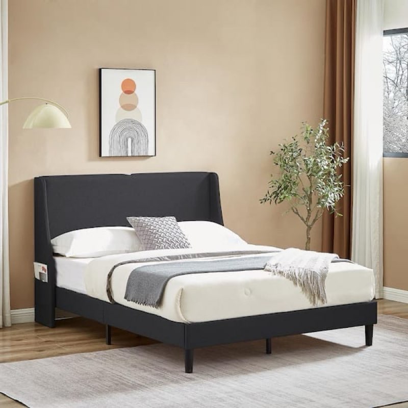 *incomplete*missing box*Upholstered Bed, Gray Metal Frame Full Platform Bed with Headboard and Wingback