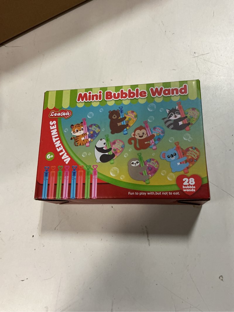 Condition photo showing New/Like New for LEASEN Valentines Day Gifts for Kids, 28 Pack Mini Bubble Wands with Greeting Cards Valentines Animal Themes for Kids, Valentine's Day Classroom Exchange Gifts School Prizes Party Favor Style A