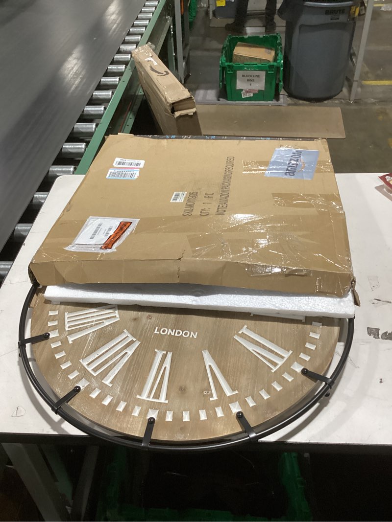 Condition photo showing New/Like New for MODE HOME Large Farmhouse Wall Clock, 24 Inch Rustic Wooden Wall Clock Decorative with Metal Circle and Engraved Numerals, Silent Battery Operated for Kitchen Bedroom Living Room Fireplace Mantel 24 Inch Natural Wood Dial With White Roman Numerals