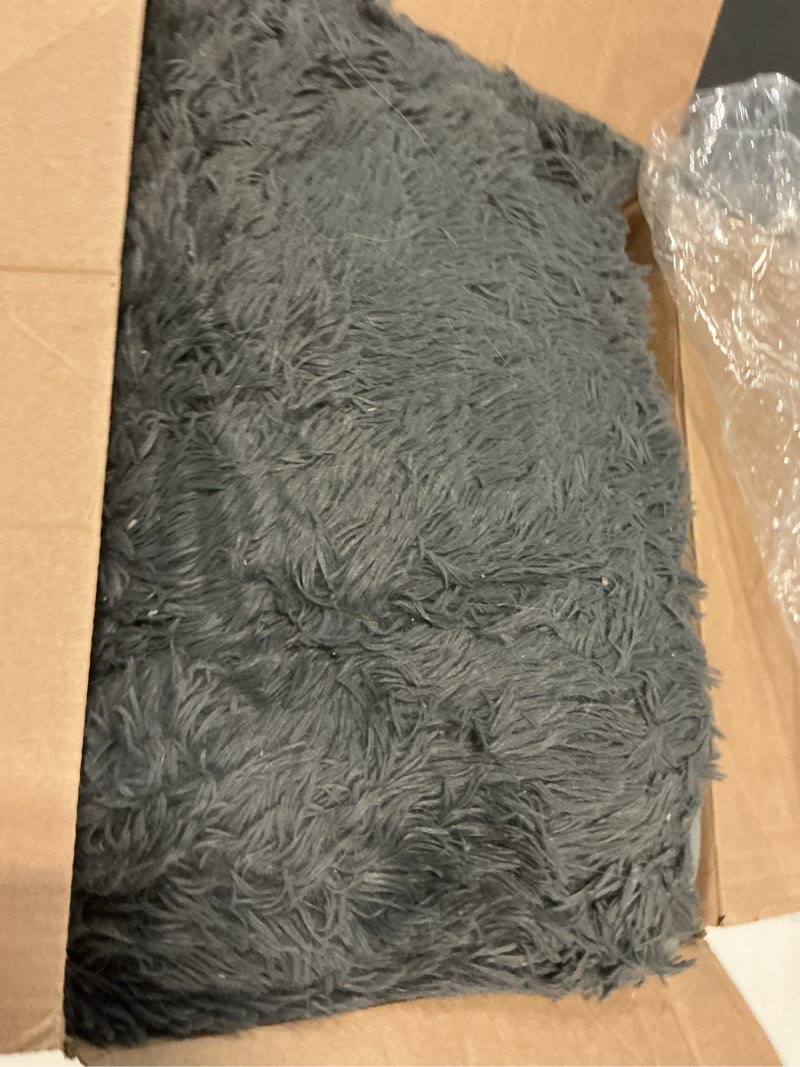 Condition photo showing As Is for OLANLY Area Rugs for Living Room Bedroom, Machine Washable 4x5.9 ft Soft Fluffy Shaggy Bedside Rug, Indoor Floor Carpet for Kids Girls and Boys, Dorms, Nursery Rooms, Home Decor Aesthetic, Grey 4x5.9 ft Grey
