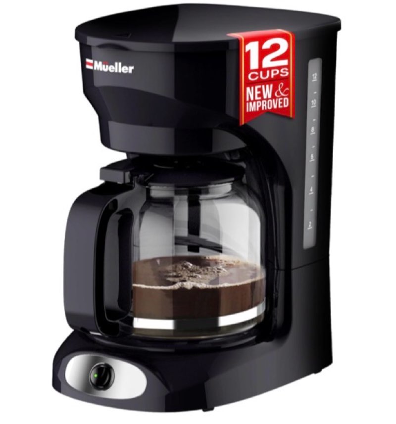 Mueller 12-Cup Drip Coffee Maker - Borosilicate Carafe, Auto-Off, Reusable Filter, Anti-Drip, Keep-Warm Function, Clear Water Level Window Coffee Machine, Kitchen Essentials & Accessories Black
