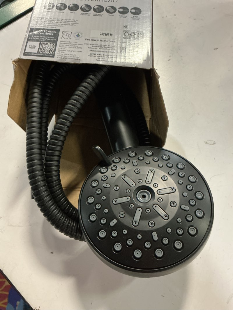 Condition photo showing As Is for aquacare high pressure 8-mode handheld shower head - anti-clog nozzles, built-in power wash to clean tub, tile & pets, extra long 6 ft. stainless steel hose, wall & overhead brackets
