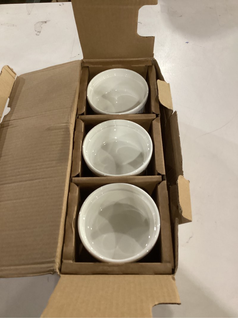 Condition photo showing Good Condition for dowan ramekins 4 oz oven safe for creme brulee souffle, porcelain custard cups ramiken for baking, small bowls dipping sauce dish classic style, set of 6, soft white 4 oz white