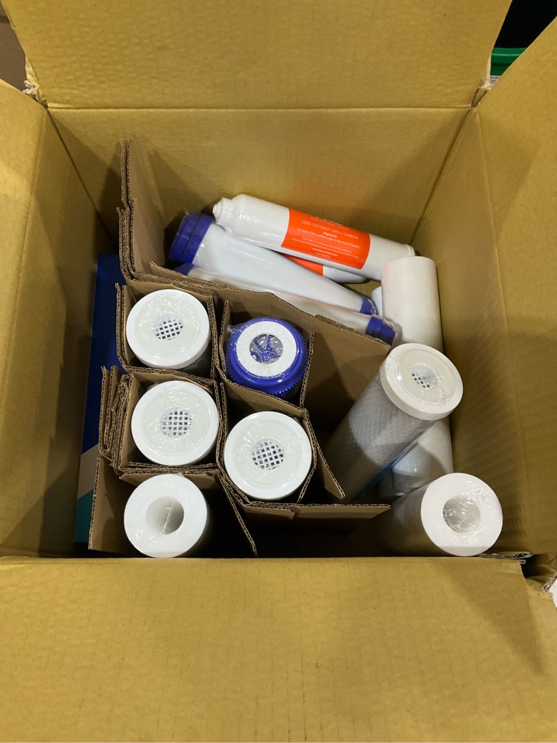 Condition photo showing As Is for express water – 3 year reverse osmosis system replacement filter set – 23 water filters with 50 gpd ro membrane, carbon gac, acb, pac filters, sediment sed filters – 10 inch size