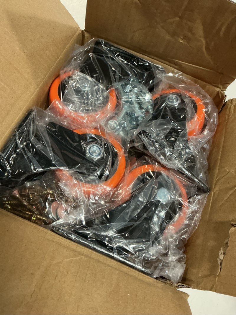 Condition photo showing Good Condition for 3 inch caster wheels, casters set of 4 heavy duty, orange polyurethane (pu) casters, industrial swivel top plate castor wheels for workbench/furniture/cart (pack of 4) 3" non-brake (4pack orange) 4.0
