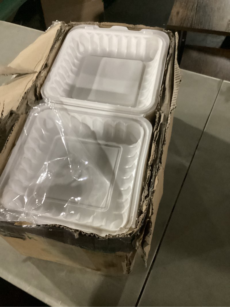 Condition photo showing As Is for YANGRUI Food Containers 9 Inch 41 oz 100 Pack - Shrink Wrapped Sanitary | Mineral Filled BPA Free PP Plastic | Reusable Heavy Duty Freezer & Microwave Safe | Stackable Design Takeout Container 9 inch White 1 section