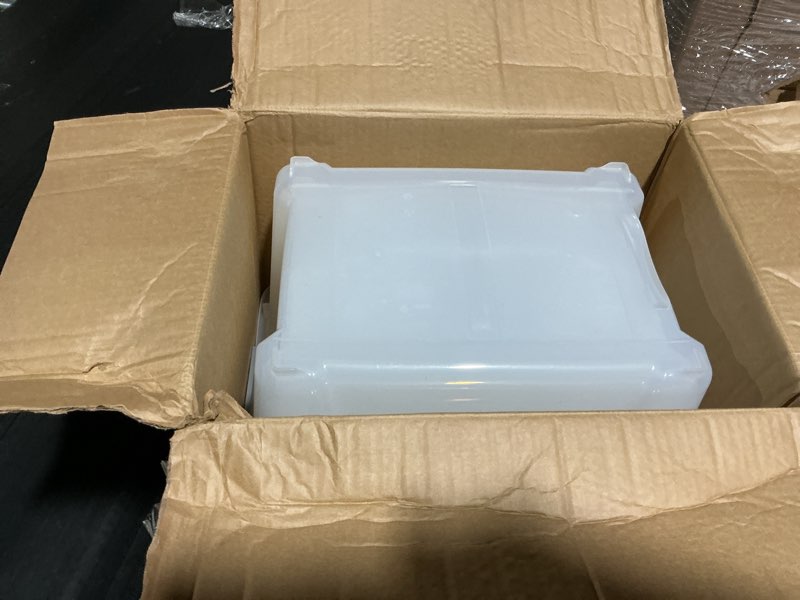 Condition photo showing As Is for amazon basics plastic storage containers with secure latching lids, stackable organization bins, clear/grey, 32 quart, set of 6 32 qt. - 6 pack