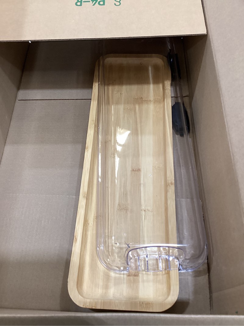 Condition photo showing As Is for farberware rectangular build-a-board cutting board with single compartment and clear locking lid for charcuterie, snacks, and more, bamboo black/bamboo 1 compartment