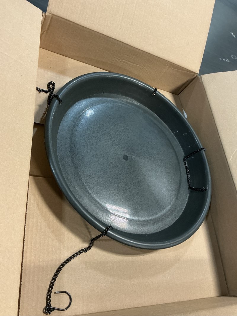 Condition photo showing As Is for 16" bird seed catcher tray platform feeder hanging tray seed hoop outdoors backyard garden (black)